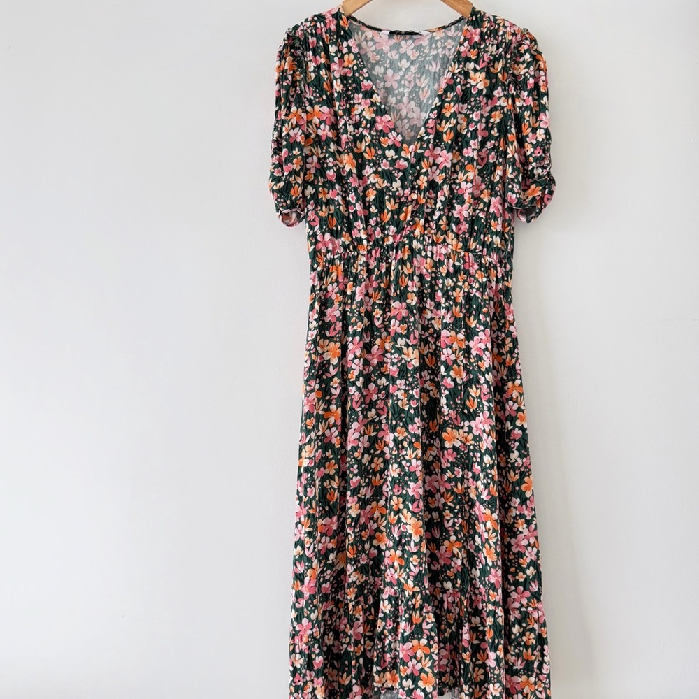 Zara Black Floral Midi Dress with Pink and Orange Flowers